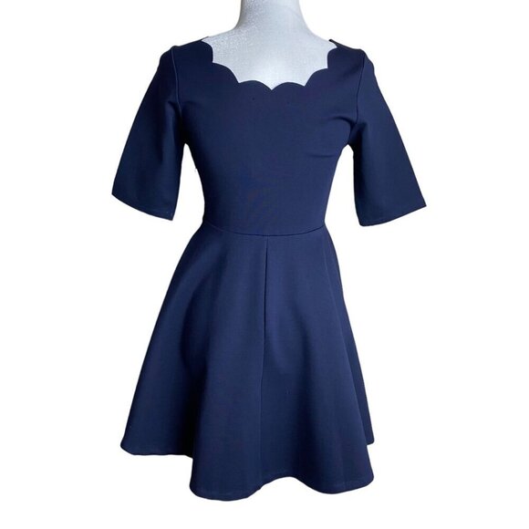Lulus NWT Tip the Scallops Navy Blue Scalloped Skater Dress Cocktail Womens Sz S - Picture 12 of 14